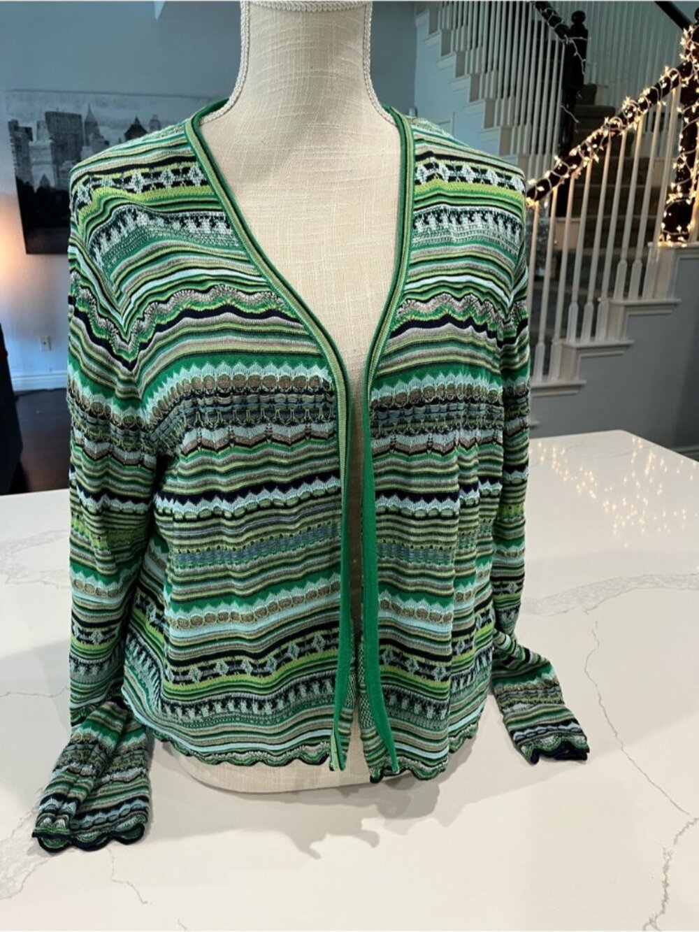 Chico's Green Multi-Pattern Open-Front Cardigan - Picture 2 of 7